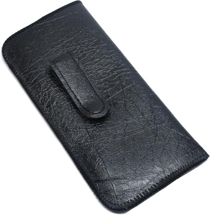 Calabria Soft Slip-In Glasses Case with Pocket Metal Clip Black for Men/Women Synthetic Leather Felt Lining 6.5"x3"