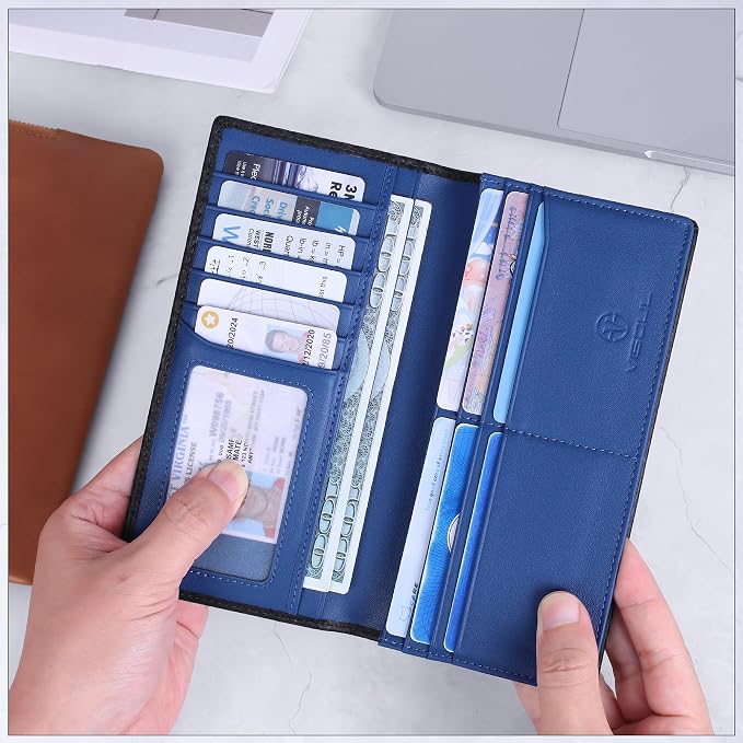 VISOUL Leather Checkbook Cover Wallet for Men with RFID Blocking, Mens Long Bifold Cash Tall Wallet with 11 Credit Card Slots 1 ID Window (Black+Blue)