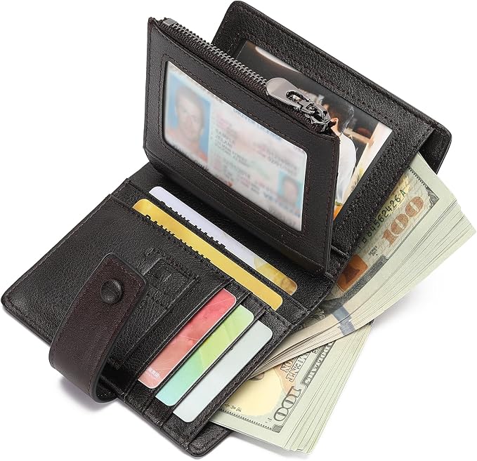 GAEKEAO Genuine Leather Wallets for Men with Zipper, RFID Blocking Mens Wallet with Coin Pouch, Bifold Wallet with 2 ID Windows in Gift Box, Billeteras de Hombres