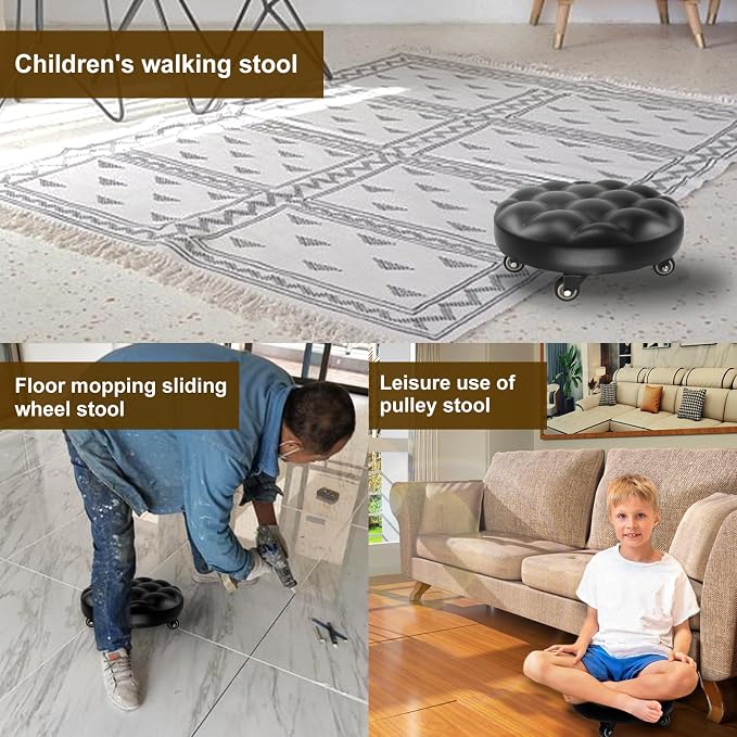 CNQLIS Low Rolling Stool with 360°Swivel Wheels, Pu Leather Low Roller Seat Chair, Movable Mini Stool for Home Office Garage Shop Fitness Sport