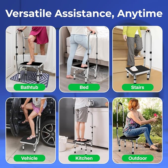 Step Stool with Handle for Elderly (300 lbs. Capacity), Adjustable Step Stools for Adults with Handrail, Non-Slip Heavy Duty Height Adjustable and Steel Frame Platform for high beds