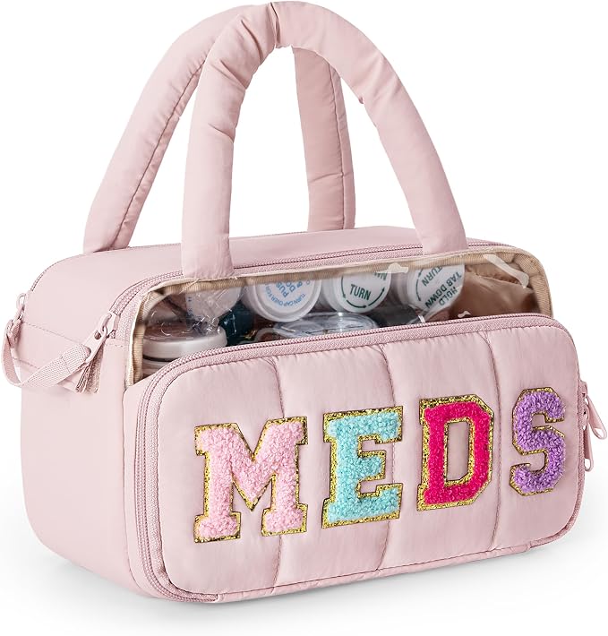 Fasrom Chenille Letter Medicine Bag, Pill Bottle Organizer for Travel Meds | Preppy Patch Design, Puffy Handle, Portable Storage for Medical Supplies & Toiletries, Makeup Case for Women