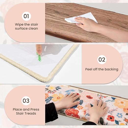 RORA Stair Treads Landing Mat 30"x30" Non-Slip Matching Mat for Wooden Steps Indoor, Bullnose Carpet Stair Floral Stair Rugs Washable Stair Carpet for Pets, Pink, 1pcs