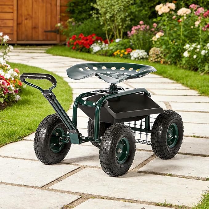 kinbor Rolling Garden Scooter Garden Cart with Tray, 360 Swivel Seat, Green