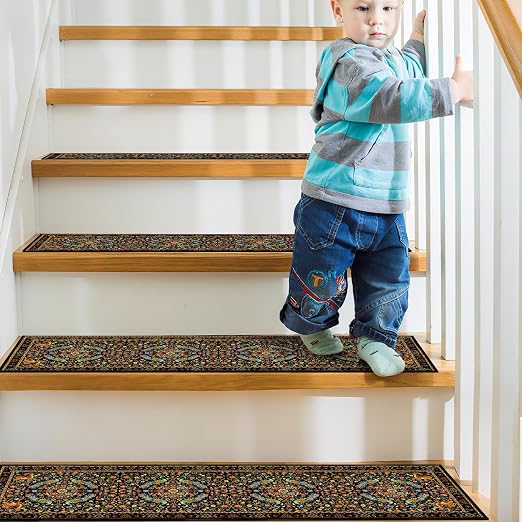 Vintage Floral Stair Treads 15 Pack Washable Flower Stair Runner | 15PCS Flower Peacocks Stair Runners Non Slip Washable, 8x30 Inch Vintage Floral Rug Carpet, Stairs Silicone Backing