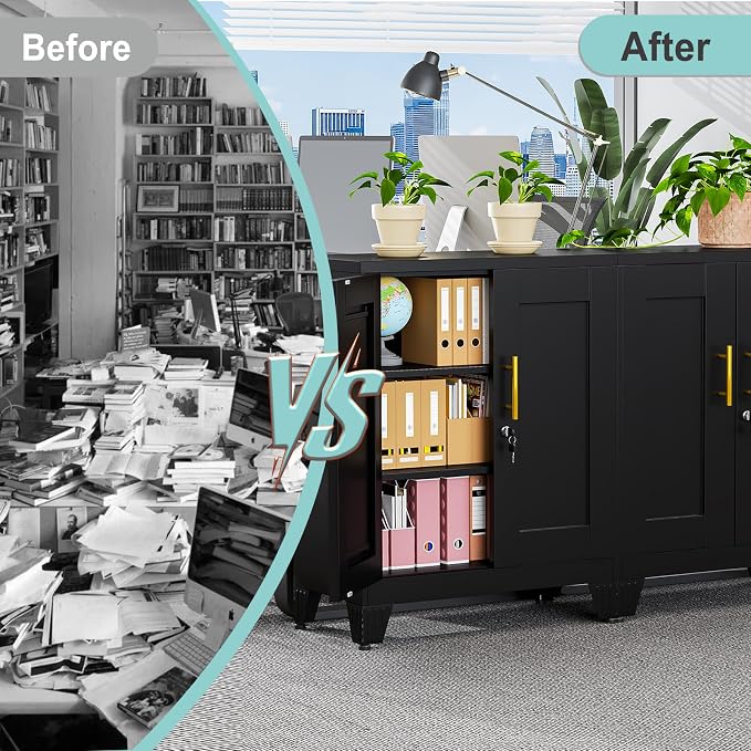 pozdeg 35.43" Metal Storage Cabinet with Lock, Metal File Cabinet with 2 Doors & 2 Adjustable Shelves, Steel Locker Utility Tool Garage Cabinets for Home, Office, Warehouse (Black)