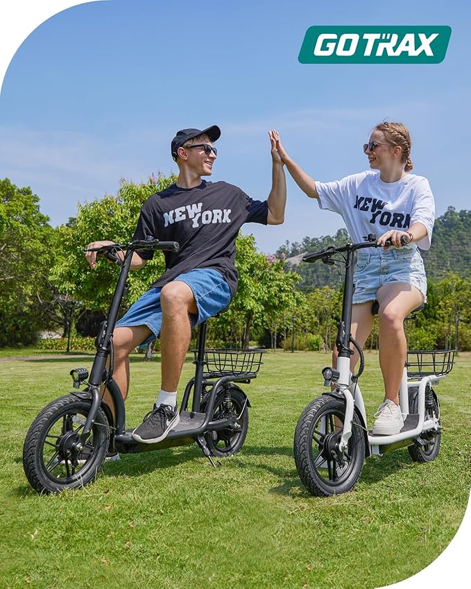 Gotrax Adult Electric Scooter with Seat, Max 19-25miles Range, 15.5-20mph Power by 350W-500W Motor, All-Terrain Tire & Wider Deck & Soft Cushioning Seat with Carry Basket