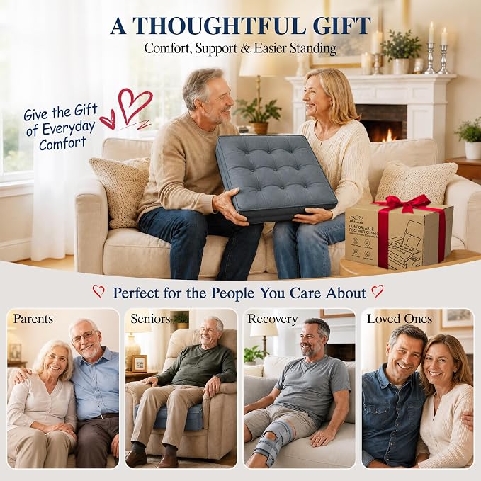 Allaboutsla Recliner Seat Cushion, 20x20x5 Lift Chair Cushion for Elderly | Thick Dual-Layer Recliner Cushion Adds Height, Comfy Recliner Cushions for Long Sitting, Non-Slip Chair Pad for Recliner Gray