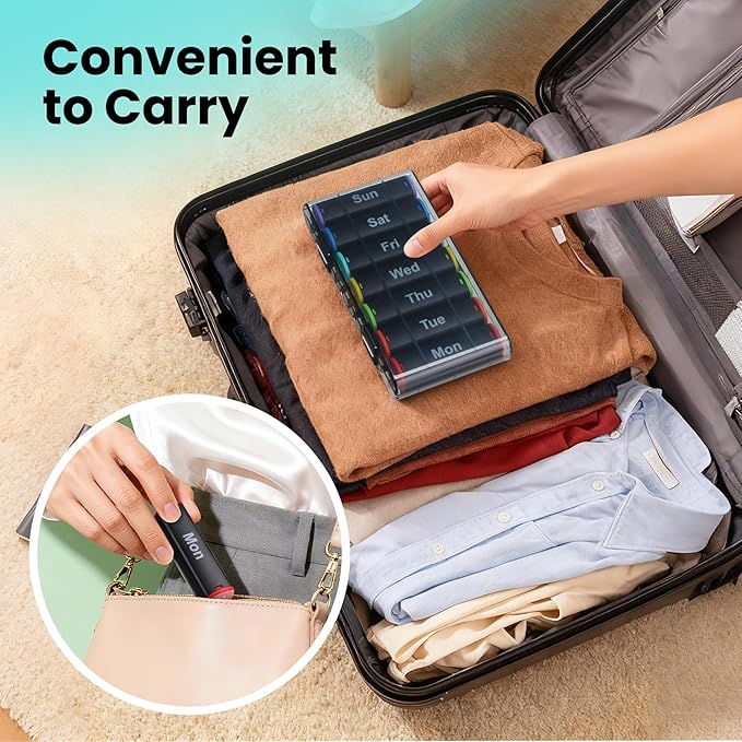 Weekly Pill Organizer 2 Times a Day - 7 Day AM PM Pill Box Large Travel Pill Case, Daily Pill Container Dispenser for Vitamins, Supplements, Fish Oils, Medication Storage Pill Holder, Black