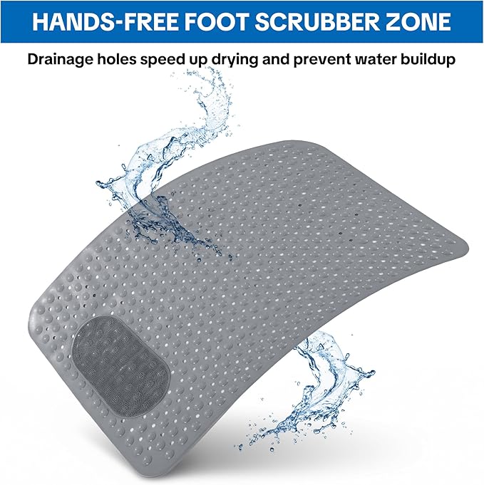 MABOZOO Non Slip Shower Mat, 48 * 31.5 Inch Extra Large Bathtub Mat with with Foot Scrubber, Bathmat with Antislip Suction Cups and Drain Holes for Bathroom Floor, Gray