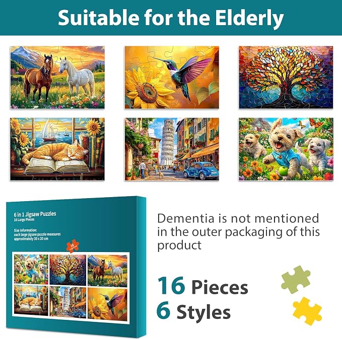 Biarek 6 Packs 16 Large Piece Puzzle for Seniors, Alzheimer's & Dementia Activities, Easy Puzzle, 6 Storage Bags