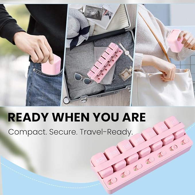 Weekly Pill Organizer with Taken/Untaken Tracker, 7 Day Daily Pill Box for Vitamins Medication Supplements, Large Compartments, Easy Open Leak-Proof Portable Travel Pill Container, BPA Free,Pink