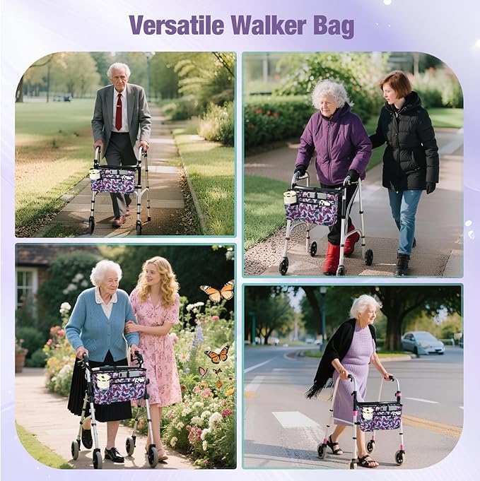 ZHCHG Walker Bag with Cup Holder, Walker Accessories for Seniors Detachable, Foldable Walker Basket with Big Capacity, Best Gift- Purple (Not Fit Rollator Walkers)