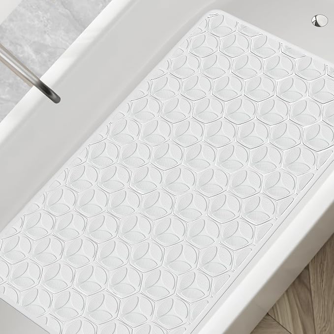 Bathtub Mat Non Slip with Suction Cups - 100% Rubber Bathroom Mat Textured for Bath Tub Shower Safety - Soft on Touch - BPA/PVC Free - Pet Dog Bath Mat - Machine Washable - 17 × 35 Inch(White)