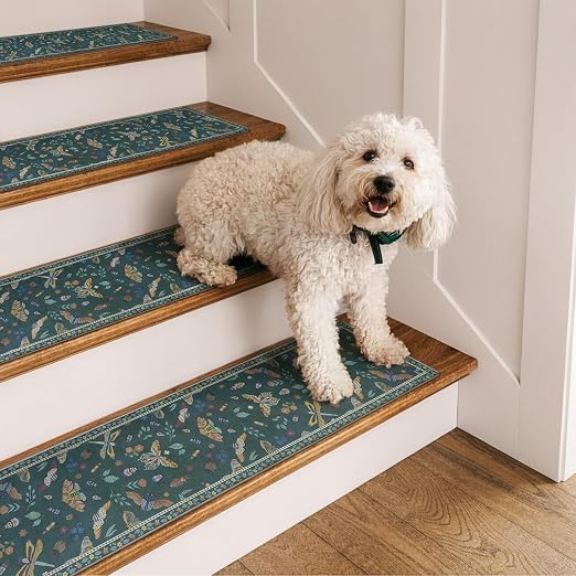 OJIA Insect Stair Treads Non Slip Stair Runner for Wooden Steps 4PCS 8"x30" | Rubber Carpet Stair Treads for Wood Stairs Indoor Staircase Step Treads for Kids & Dogs, Stair Covers, Dark Green