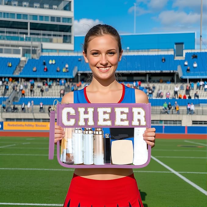 BuyCard Cheer Chenille Letter Bags Clear Makeup Bag, Cheerleader Gift Cosmetic Bag, Varsity Preppy Patch Flat Pouch Cheer Accessories, Waterproof PVC Organizer Toiletry Bag for Women Girls Purple
