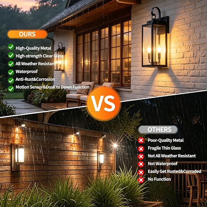 20 Inch Motion Sensor Dawn to Dusk Outdoor Sensor Light Fixture Anti-Rust Exterior Wall Lighting Waterproof Outdoor Wall Lantern for Porch Patio Front Door Garage