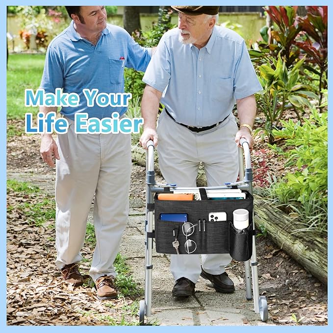 Rhino Valley Walker Bag, Multi Pockets Folding Walker Basket Tote Bag with Cup Holder, Hand-free Carry Pouch Storage Bag for Universal Walkers, Large Capacity Organizer for Seniors Elderly, Black