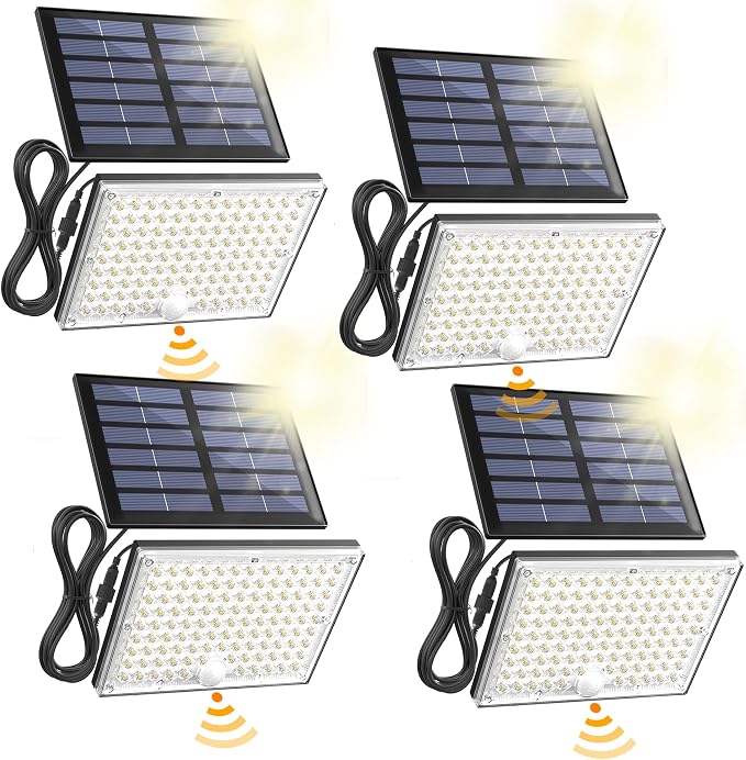 SUPERDANNY Solar Outside Lights with 113 Bright LEDs 7000K with 16ft Cable | 4 Pack, 3 Modes Motion Sensor Outdoor Flood Lights Dusk to Dawn, IP65 Waterproof, Security for Garden Barn Porch Patio