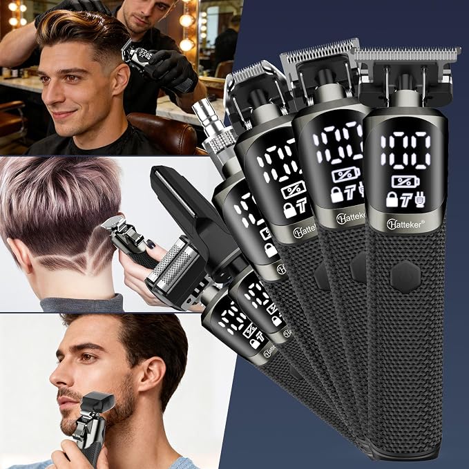 Hatteker 6-in-1 Men’s Grooming Kit, IPX6 Waterproof Electric Beard Trimmer, Cordless Hair Clipper for Beard, Nose, Ear & Body Grooming, Stainless Steel Blade with LED Display, Type-C Charging