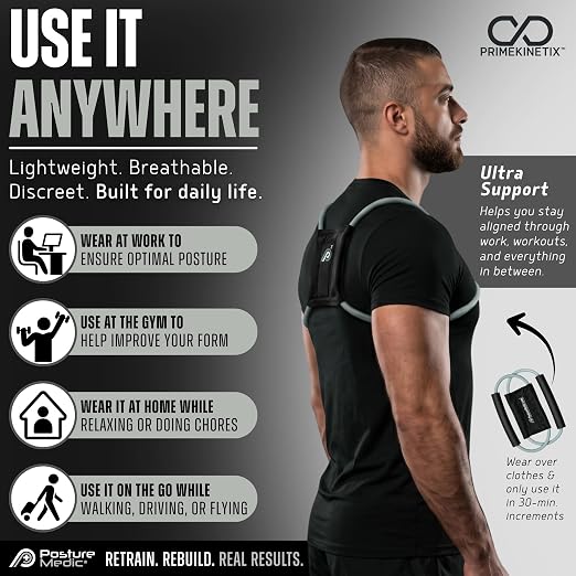 PostureMedic Plus Strength Dynamic Posture Corrector for Athletes – High Resistance Training System for Performance & Recovery – Professional Grade Posture Trainer for Men & Women - Size L (Silver)