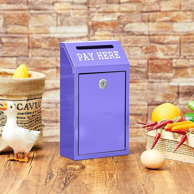 Yaocom Safe Metal Cash Box for Farm Stand – Money Drop and Secure Donation Collection, Wall Mount Lockable Unit with Pre Drilled Holes for Outdoor Self Serve(Purple,10.2 x 5.7 x 2.8 Inch)