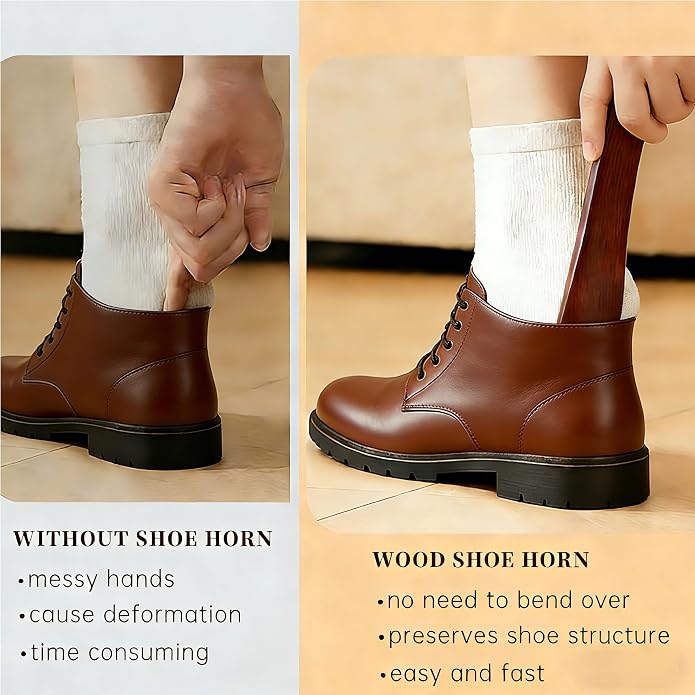 Wooden Shoe Horn Set, 15'' Long Handle for Seniors & Adults, 10.25'' Short Shoe Spoon for Kids, 2-Pack Boot Horn