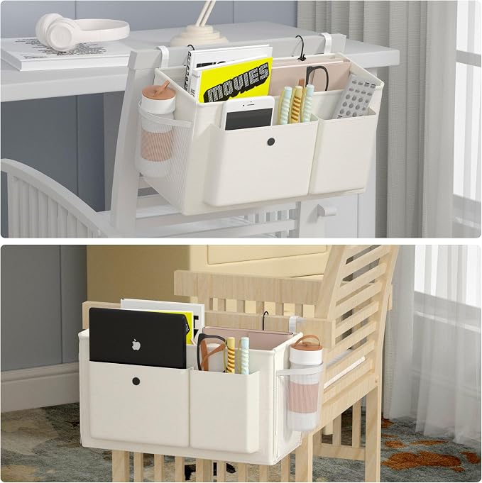 Bedside Caddy Bedside Storage Hanging Organizer for Bunk Dorm Bed Rail | Bed Caddy with Hooks, Top Bunks and Dorm Essentials for Water, Tissues, Tablets, Books, Phones, Remotes and Other Necessories