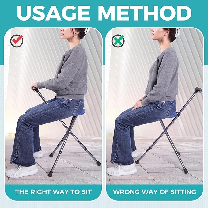 Portable Adjustable Folding Walking Cane with Seat and Cushion,Cane seat for Seniors with Magnetic Massage Handle, Lightweight Walking Cane with LED Light,Supports up to 330 Pounds