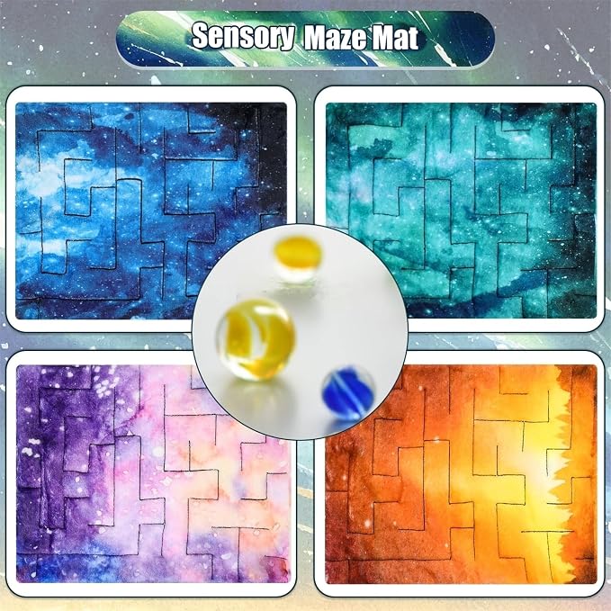 CHENGU 4 Pcs Marble Maze Mat Sensory Fidget Stress Relief Toys Calming Sensory Mat Anxiety Relief Fabric Toys for Teens Autism Calming Down Classroom Gifts Prizes(Starry Sky,12.99 x 8.66 in)
