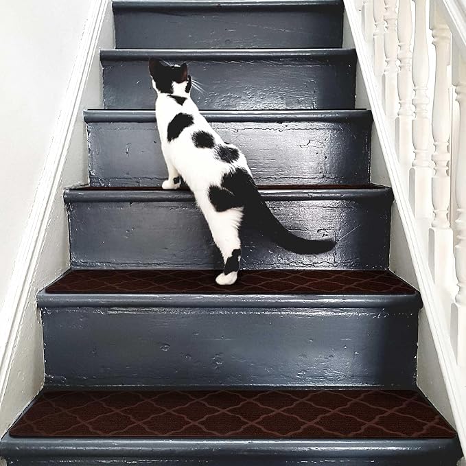 15 PCS Non Slip Stair Treads for Wooden Steps – 8"x30" Indoor Non Slip Stair Treads, Carpet Stair Mats with Self-Adhesive Backing, Removable & Machine Washable – Brown Pattern