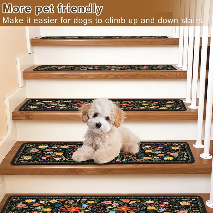 Floral Stair Treads for Wooden Steps Non-Slip 8"X30" 15PCS Flower Stair Carpet Rubber Backing Stair Runner Reusable Stair Rugs Indoor Safety Stair Mats for Elders Kids Dogs Black
