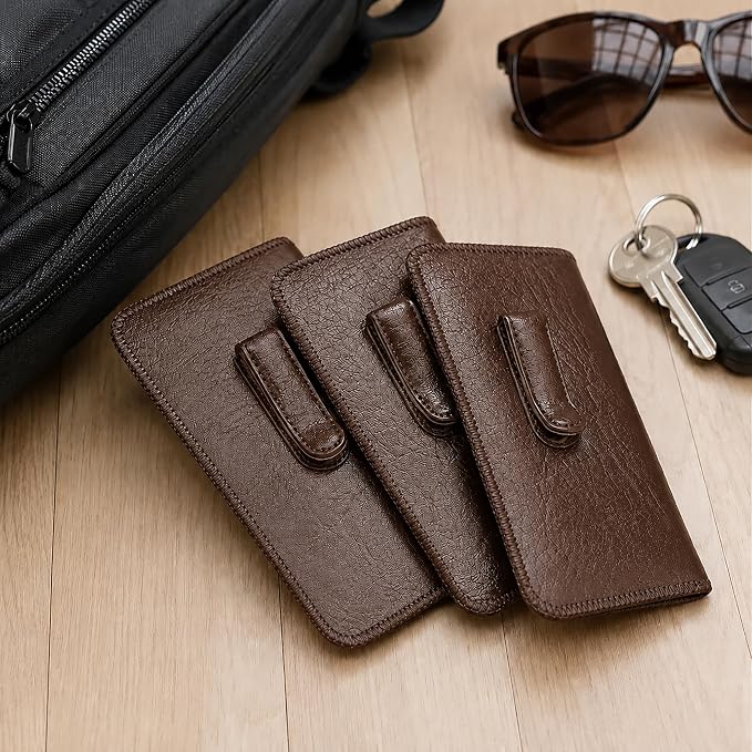 Calabria Soft Slip-In Glasses Case Pocket Metal Clip Brown (4 Pack) for Men/Women Synthetic Leather Felt Lining 6.5"x3"