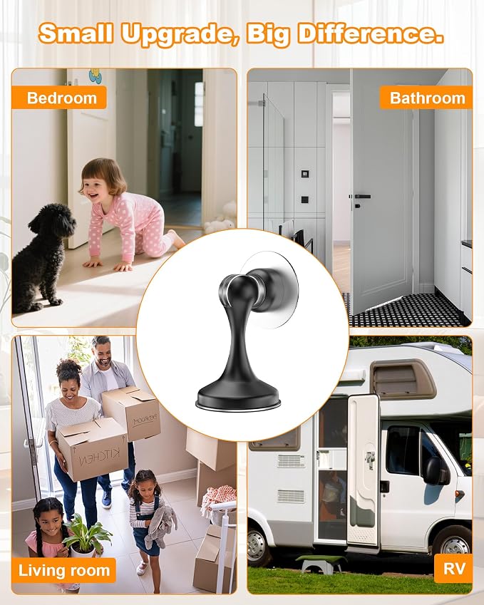Crosize Magnetic Door Stoppers 6 Pack, Stainless Steel Door Stops for Wall and Floor Mounting, Door Holder Keep Door Open, No Drilling Door Stop with 3D Adhesive Tapes, Black