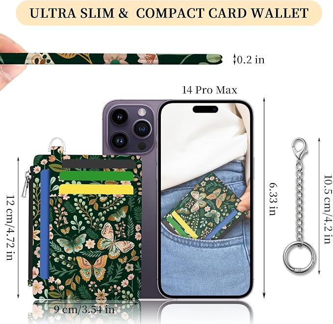 Hancynir Butterfly Floral Credit Card Holder Small Wallet Women, Slim RFID | Cute Zipper Keychain Pocket, Thin Travel Coin Purse, PU Leather, Minimalist Card Case, 6 Card Slots, Ladies Women Gifts