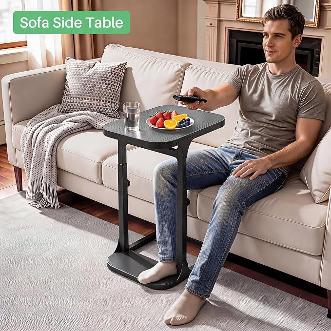 Kitstorack Height Adjustable End Table, Small Side Table for Couch, Sofa Table with Metal Frame for Living Room, Bedroom, Bedside C Shaped Table,Gray