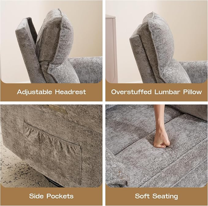 Power Nursery Recliner with Auto Rocking,Oversized Swivel Rocker Recliner with Massage and Heat,Glider Recliner Nursery Chair with Adjustable Headrest for Living Room and Bedroom,Dark Grey