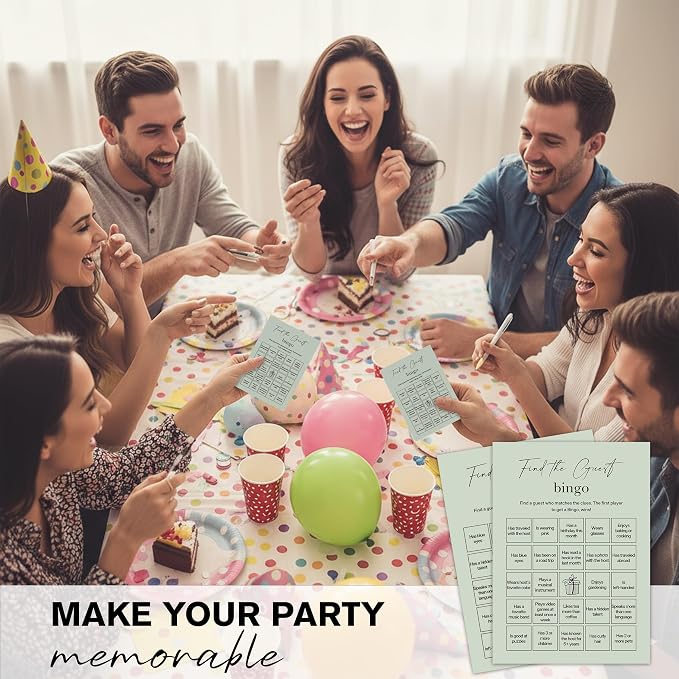 Find The Guest Bingo Cards – 25 Unique Cards, Icebreaker Party Games for Adults, Rustic Sage Green Mingle Activity for Birthday Parties, Family Reunions, Office Events & Friendsgiving