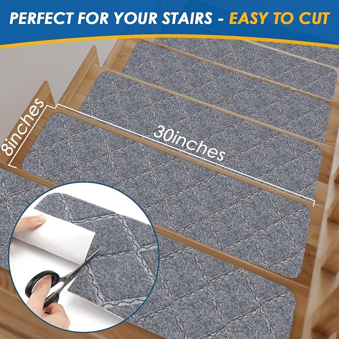 RIOLAND Stair Treads Carpet Non-Slip Indoor 15 PCS Wood Stair Treads Rugs Anti Moving Modern Stair Runners Safety for Kids Dogs, 8" X 30", Diamond Light Gray