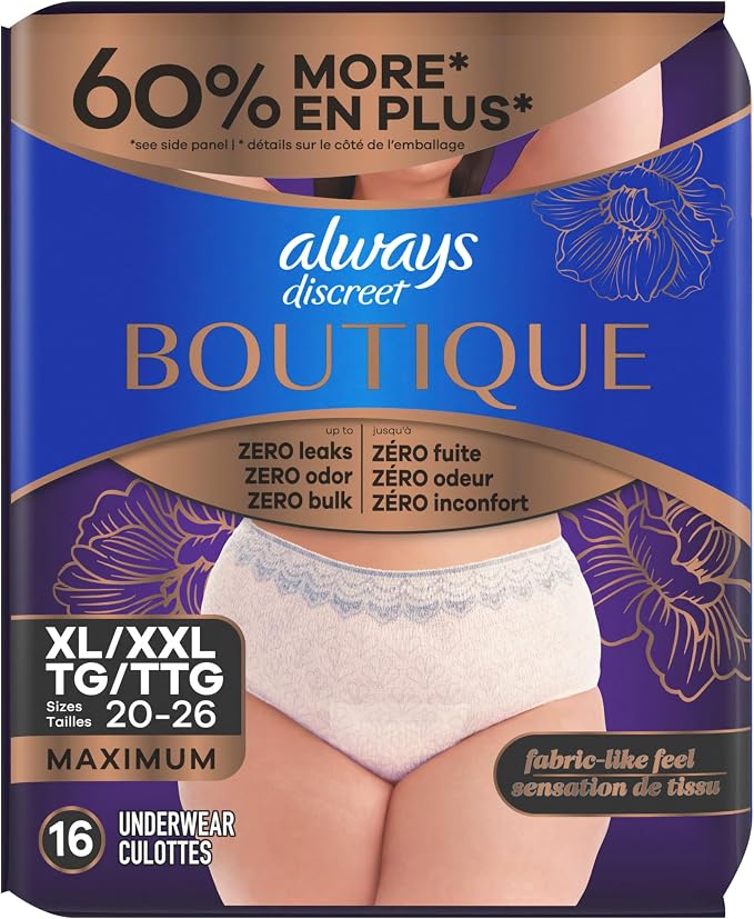 Always Discreet Boutique Black, Reimagined Adult Diapers for Women, Maximum Absorbency Incontinence and Postpartum Underwear Size XL/XXL, Fits and Feels Like Real Underwear, 16 Count