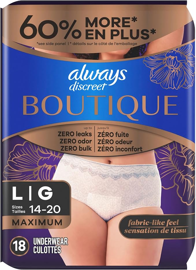 Always Discreet Boutique Incontinence and Postpartum Underwear for Women, Maximum Protection, Large, Rosy, 18 Count