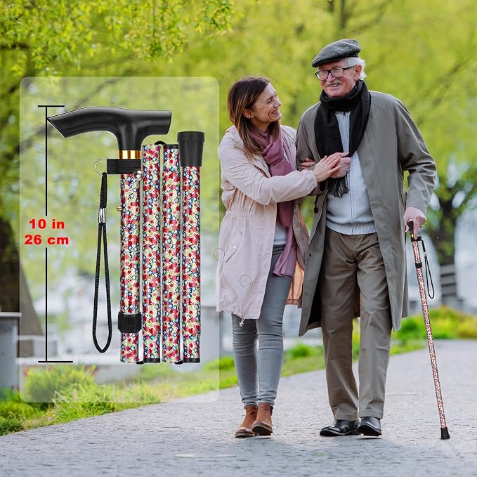 MFE Folding Cane, Portable 5-Level Adjustable Height Walking Stick with Foldable Design, Wrist Strap, and T Handle for Men and Women