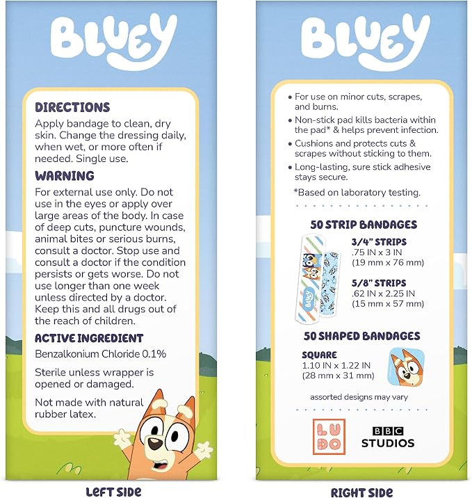 Bluey Kids Bandages, 3 Assorted Sizes 100 CT | Wear Like Stickers, Flexible Adhesive Bandages for Minor Cuts, Scrapes, and Burns. Great Gift idea and Stocking Stuffer