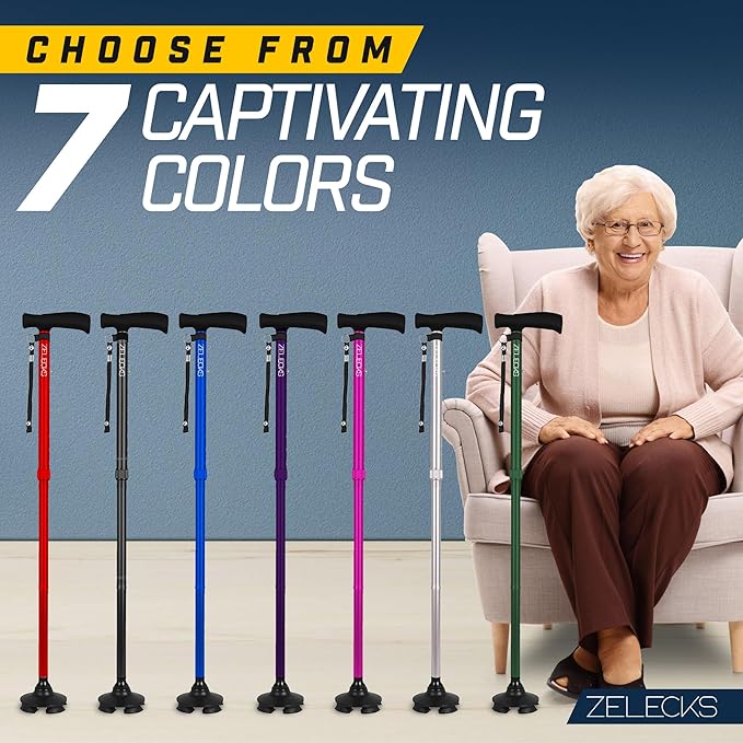 ZELECKS Walking Cane for Women & Men - Self Standing Adjustable Folding Cane with T Handle and 360 Pivot Base - Lightweight Foldable Walking Stick for Seniors - Collapsible Cane for Walking