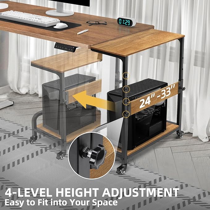 2-Tier Computer Tower Stand Adjustable, Gaming PC Floor Stand Large for ATX, E-ATX, ITX, Rolling PC Tower Cart with Guardrail, Metal Locking Wheels, 32.7" X 21.6" X 15.8",Walnut