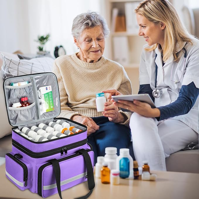 Large Pill Bottle Organizer, Double Layers Medicine Storage Bag with Lockable Zippers and Shoulder Strap,Medication Travel Bag for Prescription Bottles, Vitamins & Medical Supplies, Purple (Bag Only)