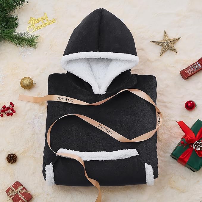 JOYWOO Black Oversized Wearable Blanket Hoodie, Cat lovers Long Hoodie Blanket for Adult,Birthday Gifts for Women Men Mom,Cozy Fuzzy Sherpa Fleece Sweatshirt Hooded Blanket Giant Pocket Gifts,Oversize