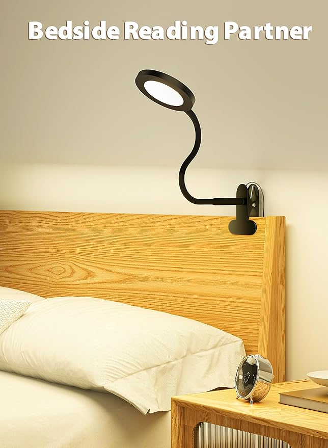 Clip on Light Infinite Dimmable Reading Lights for Books in Bed Headboard, 450LM Touch Control Clip Reading Lamp, Eye Care 3 Color Temperature Flexible Head Rotation for Bedside Night Light Black