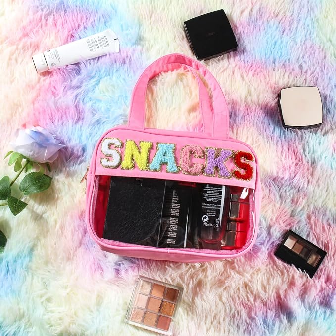 BuyCard Chenille Letter Clear Snack Makeup Bags, Waterproof Large Clear Travel Toiletry Bag, Nylon Snacks Cosmetic Pouch Bag with Handles and Zipper, Storage Bag for Women, Pink