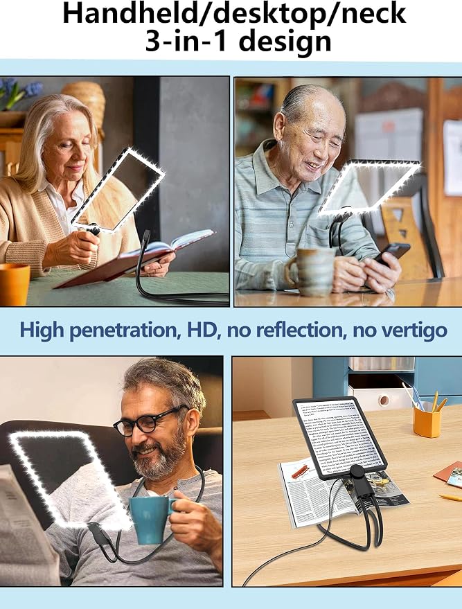 10X Large Rechargeable Magnifying Glass | Hands-Free Magnifier with 50 LED Lights & Adjustable Brightness for Seniors Reading, Crafts, and Low Vision Tasks